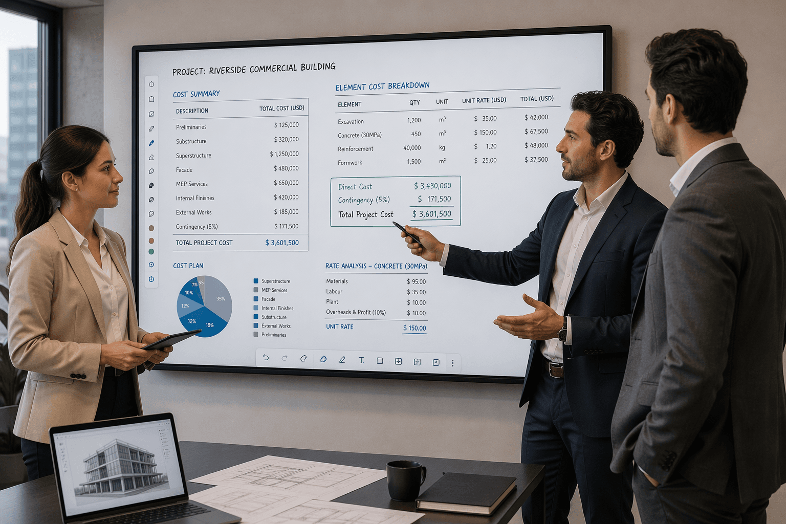 Construction Cost Management consultants reviewing a detailed project cost plan