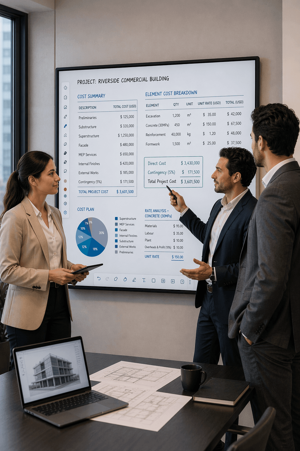 Construction Cost Management consultants reviewing a detailed project cost plan